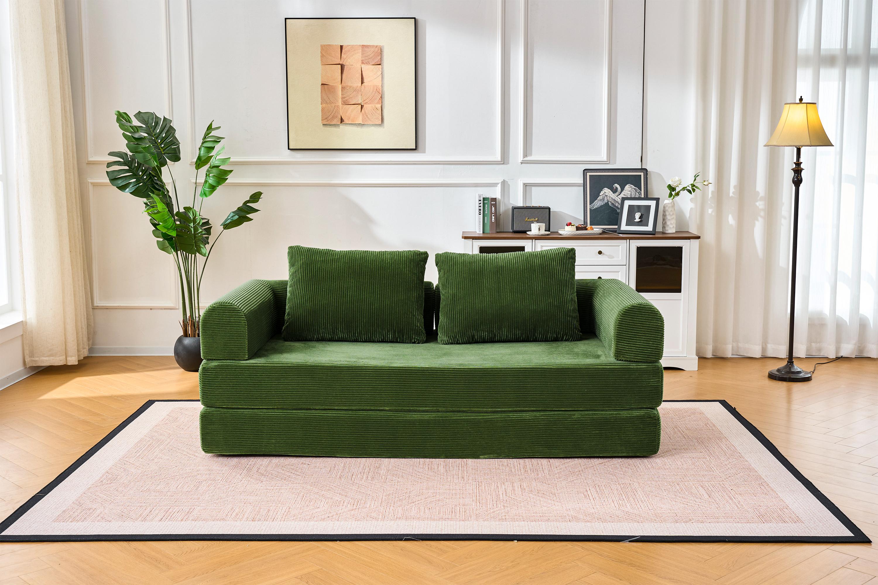 79" Oversized Boneless Sleeper Sofa: 5-in-1 Convertible Couch Bed with Fixed Frame & Cylindrical Pillow. Ultimate Foldable Corduroy Futon for Living Room & Studio (Orange)