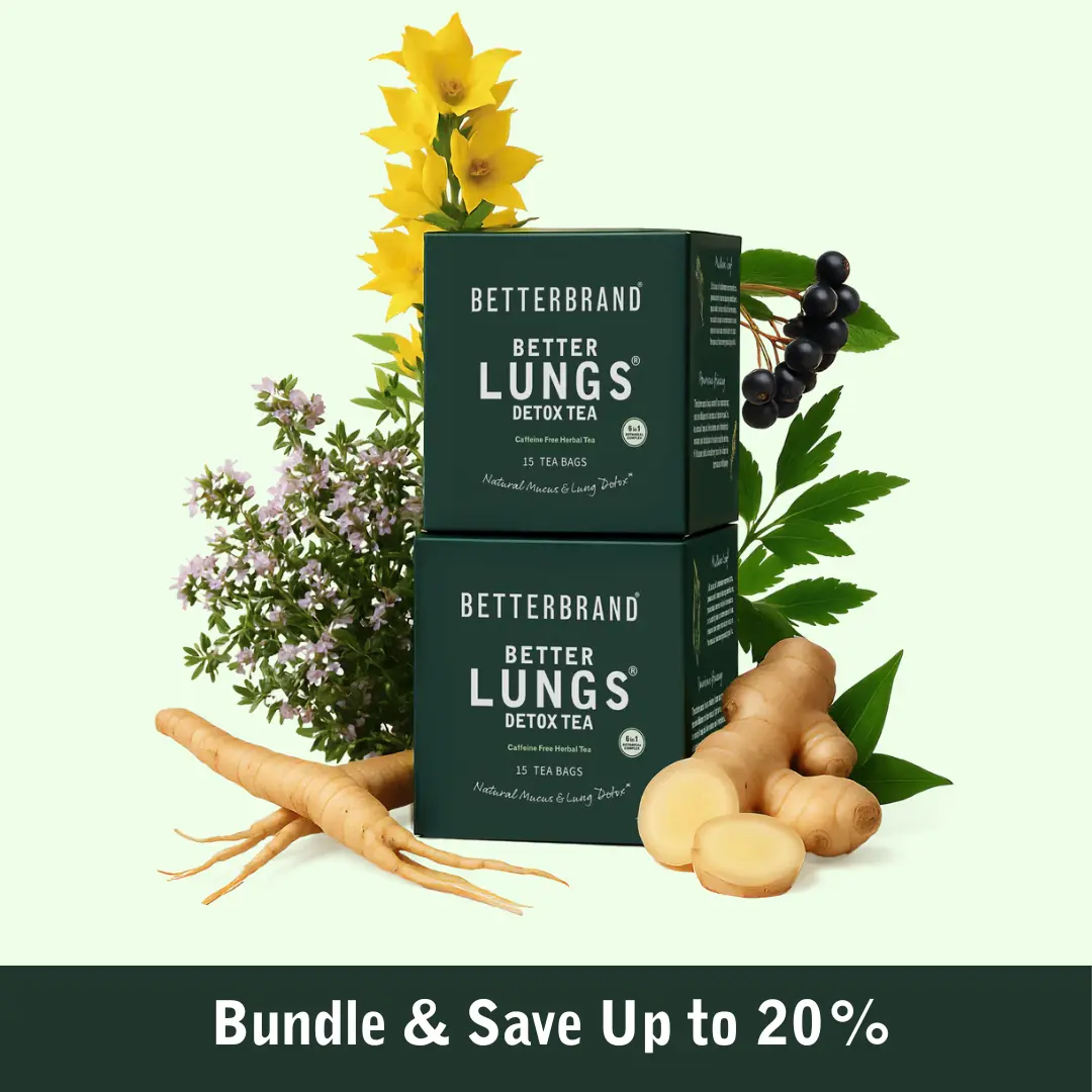 Betterbrand Lung Detox Tea | 30 Day Supply (Two Boxes, 30 Teabags Included) - Mullein Leaf, Ginseng, Elderberry, Ginger & Thyme for Lung Cleanse & Mucus Detox for Healthy Natural Respiratory Relief