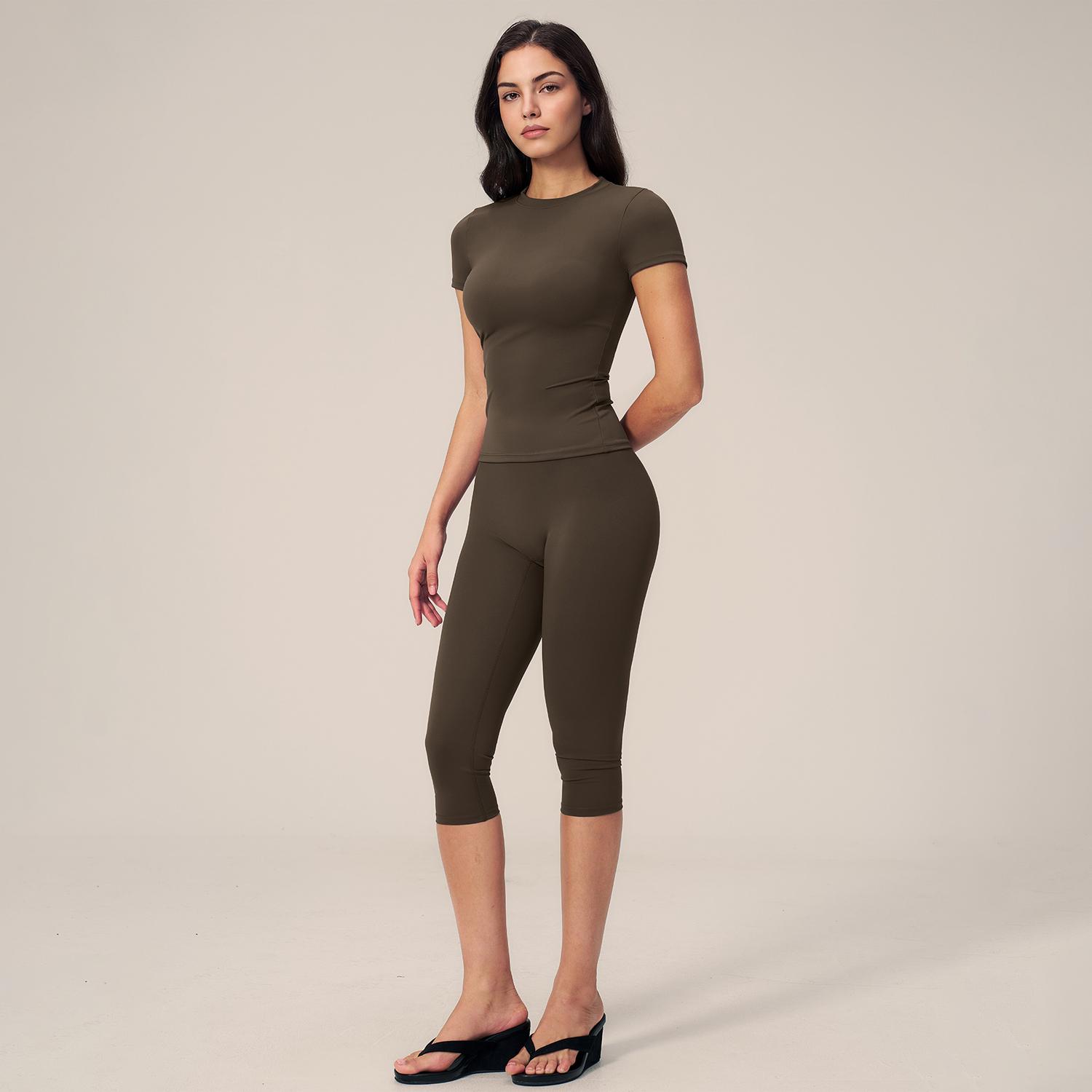 TIMEOFF Women's 2-Piece Yoga Activewear Set - Short Sleeve Round Neck Workout Top, High Waist Capri Leggings with Butt Lifting, Soft Stretchy, Sweat Wicking, Non-See-Through for Gym, Running, Daily Casual, Two Piece Set