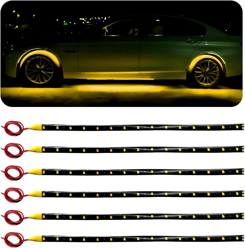 6 PCS 15 LED Strip Underbody Light, DC 12V 1Ft Flexible Underglow Car LED Light Strip with 6 Inch Wire, Waterproof LED Interior Exterior Decoration for Car Truck Motorcycle (Yellow)
