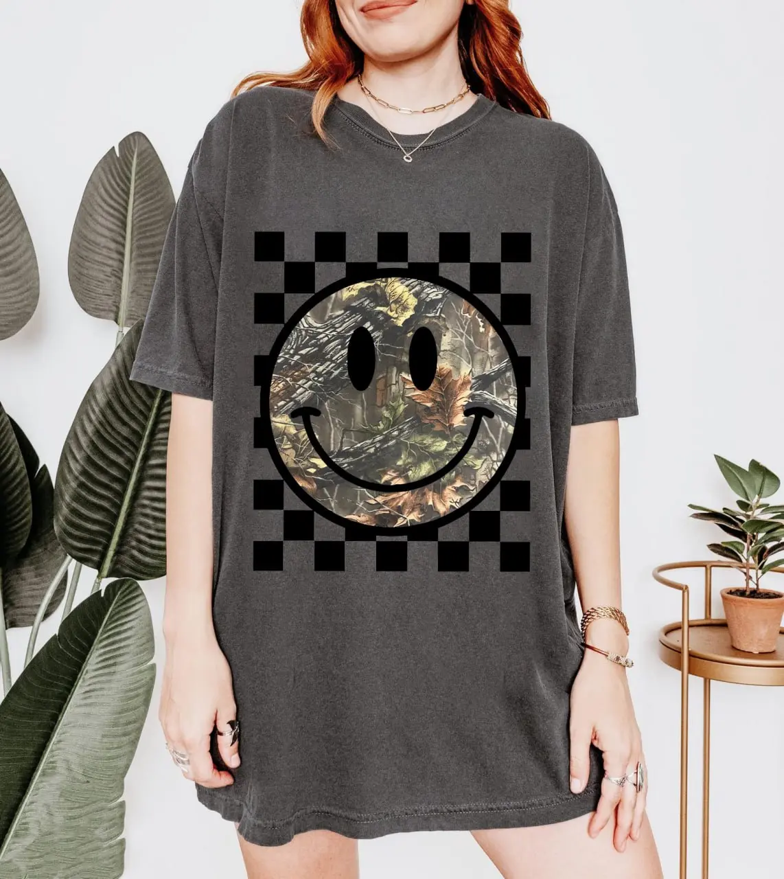 Victoria Maxwell, Womenswear Vintage Graphic Tee, Checkered Camo Happy Face T-Shirt | Western Country Graphic Tee | Happy Face | Cowgirl | Camo Smiley Face Shirt