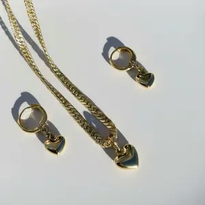 Gold Plated Heart Necklace & Sttud Earrings  Set - 22 Inch Chain