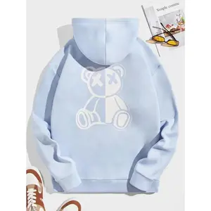 2025  new  2025  new  Men Bear Print Drawstring Thermal Lined Hoodie, Light Blue Graphic Long Sleeve Thick Casual Hoodie, For Friends, Husband, Boyfriend Gifts