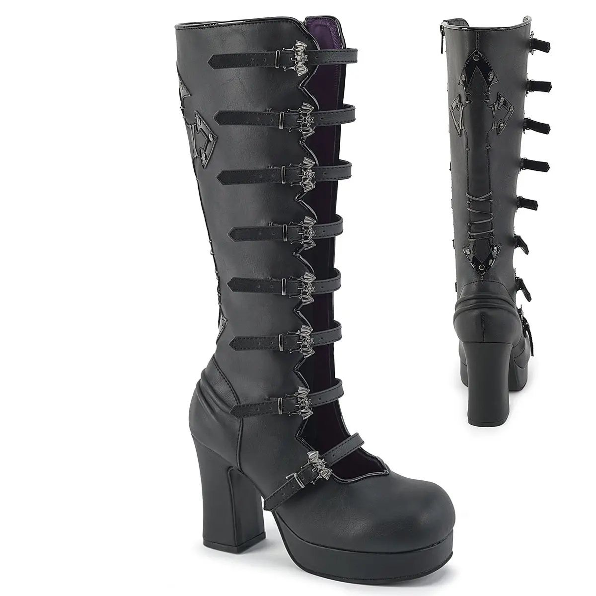 Demonia Gothika-160 Open Front Knee-high Boots Featuring Bat Buckle Straps