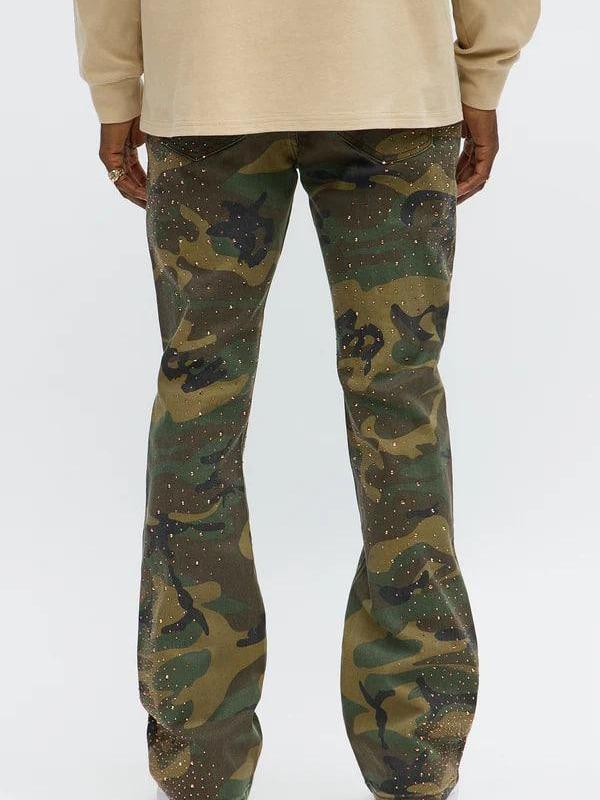 Stacked Skinny Flare Be Jeweled Camo Pants - Camouflage