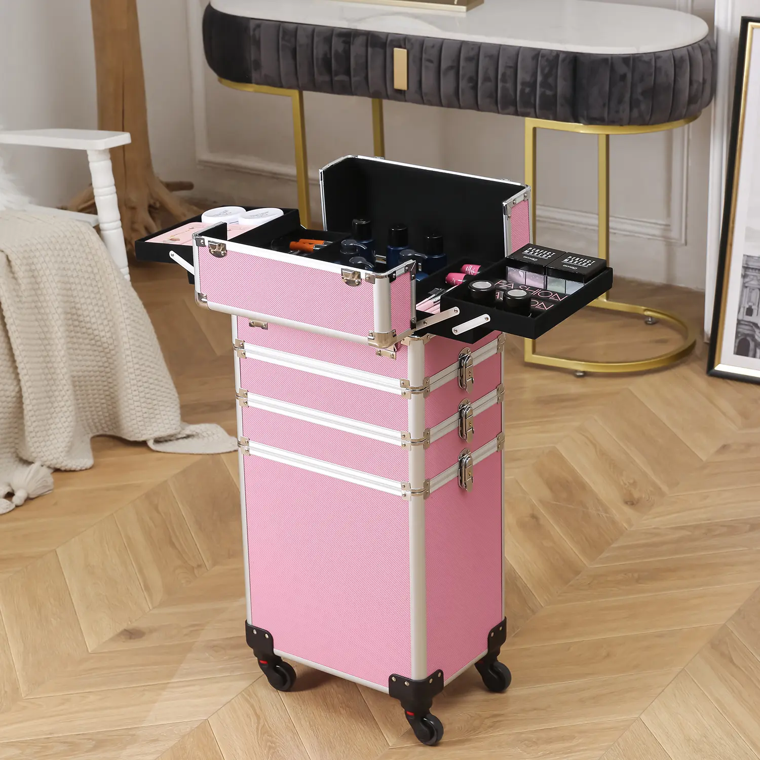 Compact 4-in-1 Aluminum Pink Makeup Case with Wheels - Detachable Rolling Storage Box, Multiple Compartments, Professional Beauty Trolley for Makeup Artists (Salon/Travel Use)