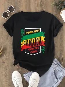Plus Size Women's Jamaican Hollow Design T-Shirt Letter Print Decoration Casual Sports Style Round Neck Short Sleeve 2025 New Style 100% Cotton 4-Season Wear Comfortable Breathable Easy to Wear Fabric Top