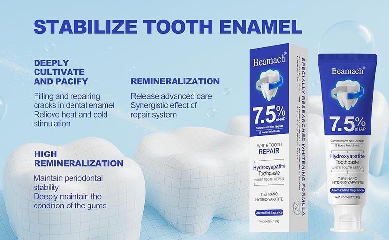 Beamach 7.5% Hydroxyapatite Toothpaste | Enamel Repair, Teeth Whitening, Gum Care, Fluoride-Free Gentle on Sensitive Teeth, Fresh Mint Flavor, 4.23 oz
