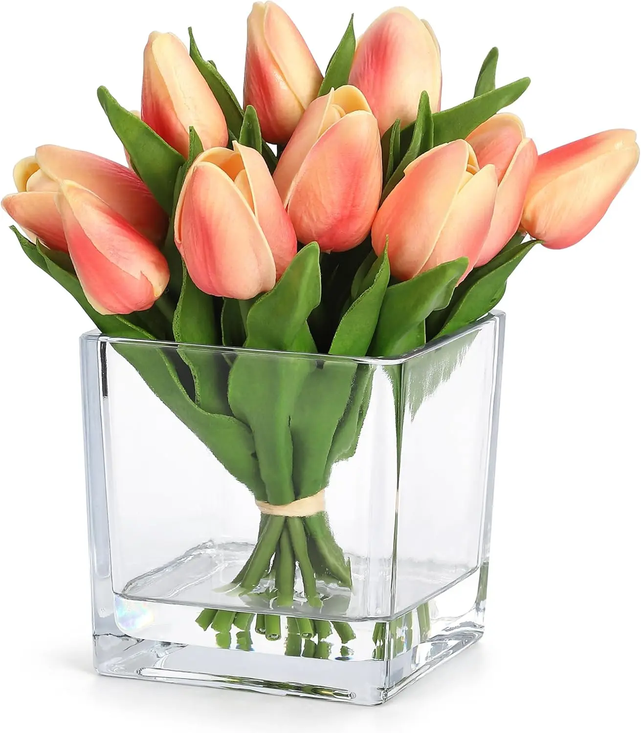Gaomon 12-Head Elegant PU Natural Touch Orange Artificial Tulip Flower Set with Plastic Vase, Hand-Made Photorealism Blooms, Reusable Silk Decorative Flowers for Home Indoor Display Wedding Gift, Colorful