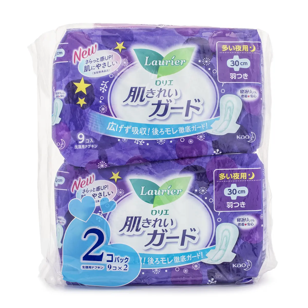 Kao Laurier Thin Leakproof Breathable High Volume Overnight Multi-Wing Sanitary Napkin, 30cm Disposable Pads Overnight, 9pcs x 2 Bags Set, Pads With Wings, Menstrual Pads