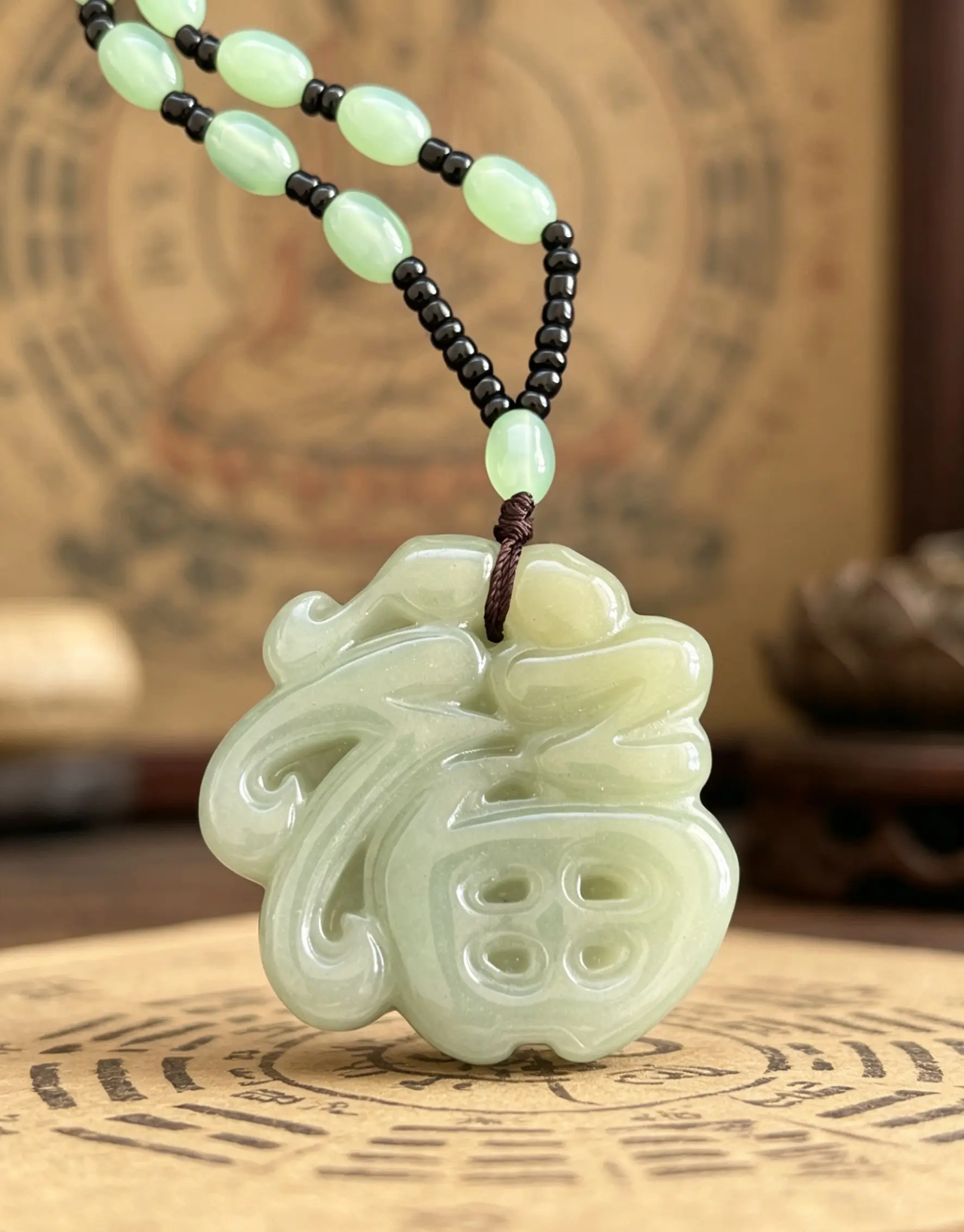 Natural Green Jade Necklace with Carved Fu Character Pendant, Handcrafted Spiritual Jewelry on a Matching Bead Chain, Meaningful Gifts, Jade Necklaces, Eastern Culture, Pendant Design, Elegant, Grounding Energy, Auspicious, Calming Energy