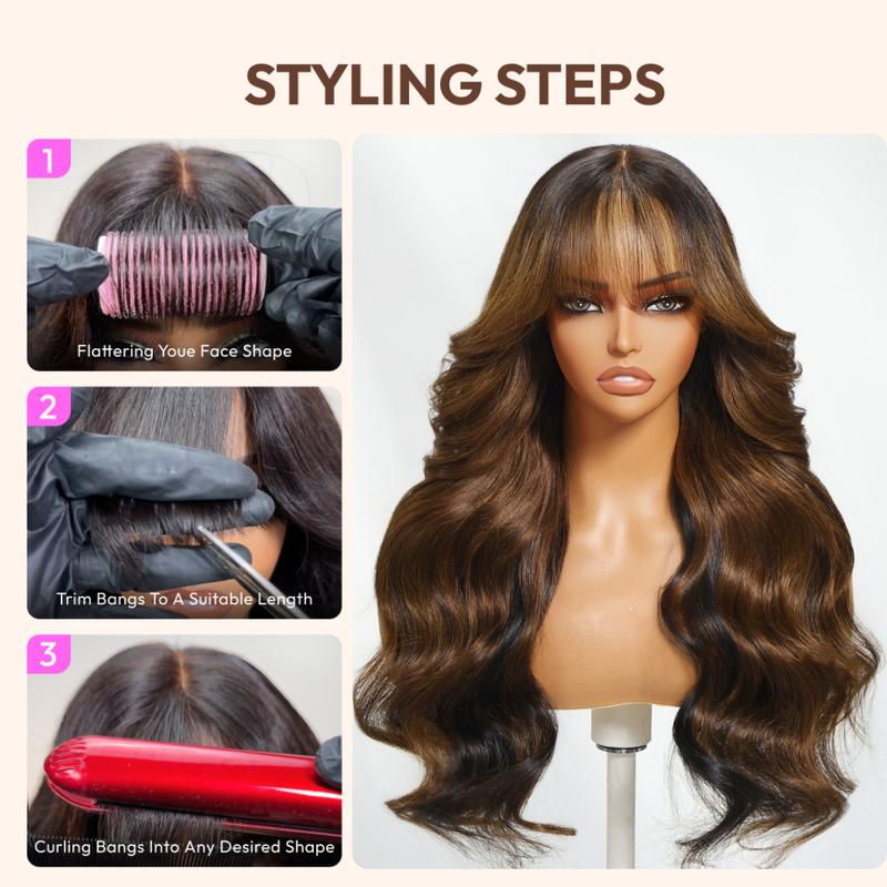 UNice Ombre Dark Brown Loose Wave Wig with Bangs 13x4 HD Lace Front Human Hair Wigs Natural Scalp Beginners Friendly