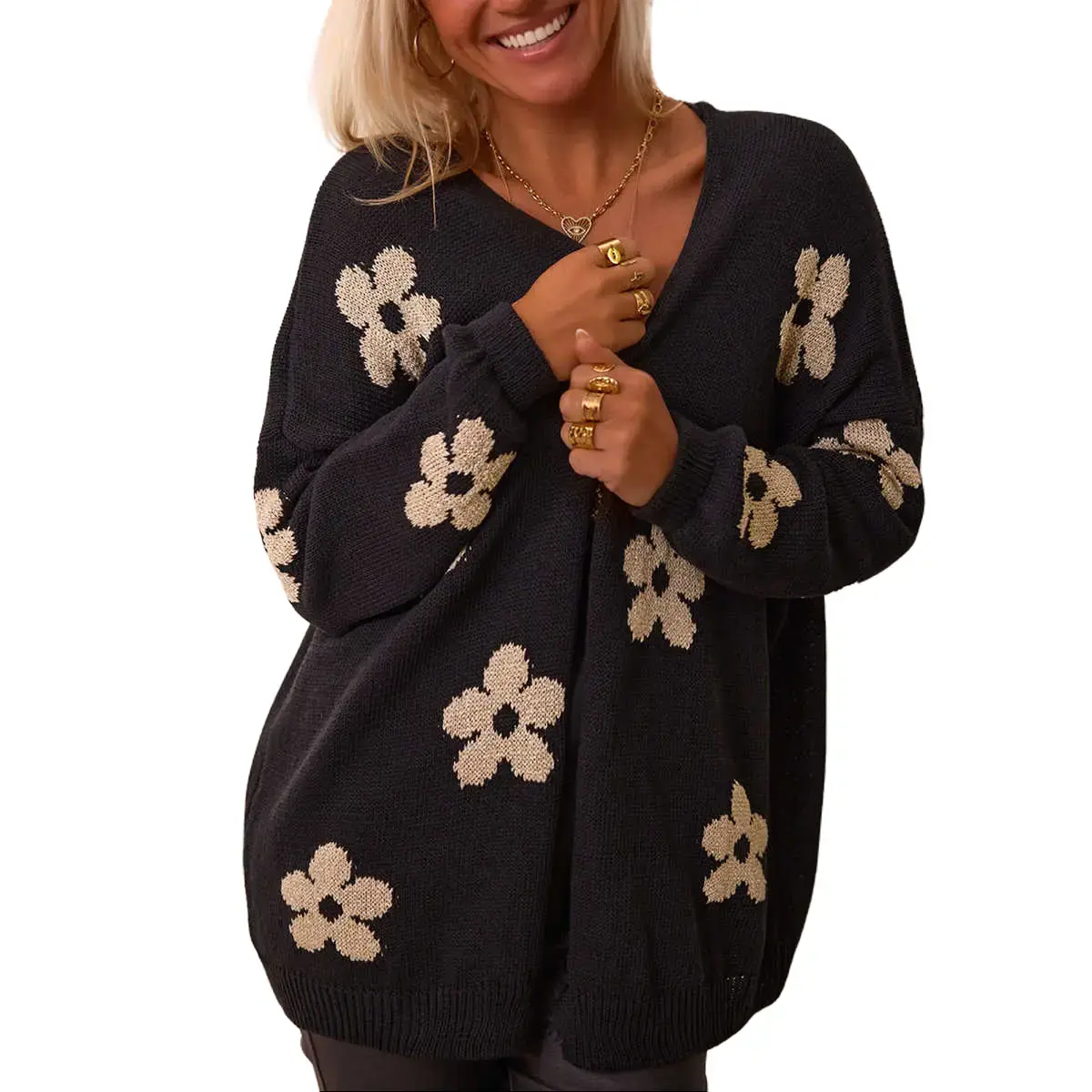 Women's Black Floral Print Knitted Cardigan - Feminine Elegance Warm & Cozy Loose Tunic-Fit Open-Front Long-Sleeve Casual Cotton Blend Top, Longsleeves