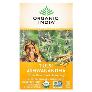 Organic India Tulsi Ashwagandha Tea, Caffeine Free, 18 Infusion Bags, 1.27 oz (36 g)
