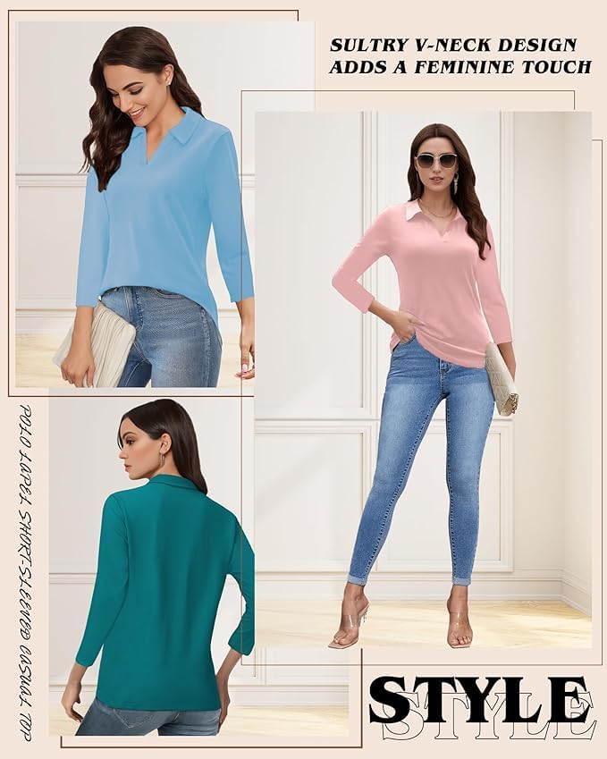 Polo Shirts for Women, V-Neck Business Casual Tops for Women, Collared Shirt Tunic Tops 3/4 Sleeve Work Blouses