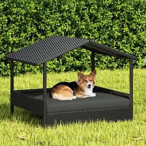 Costoffs Outdoor Elevated Rattan Dog Bed with Canopy & Padded Cushion - Heavy Duty Raised Pet House for Backyard, Poolside & Lawn
