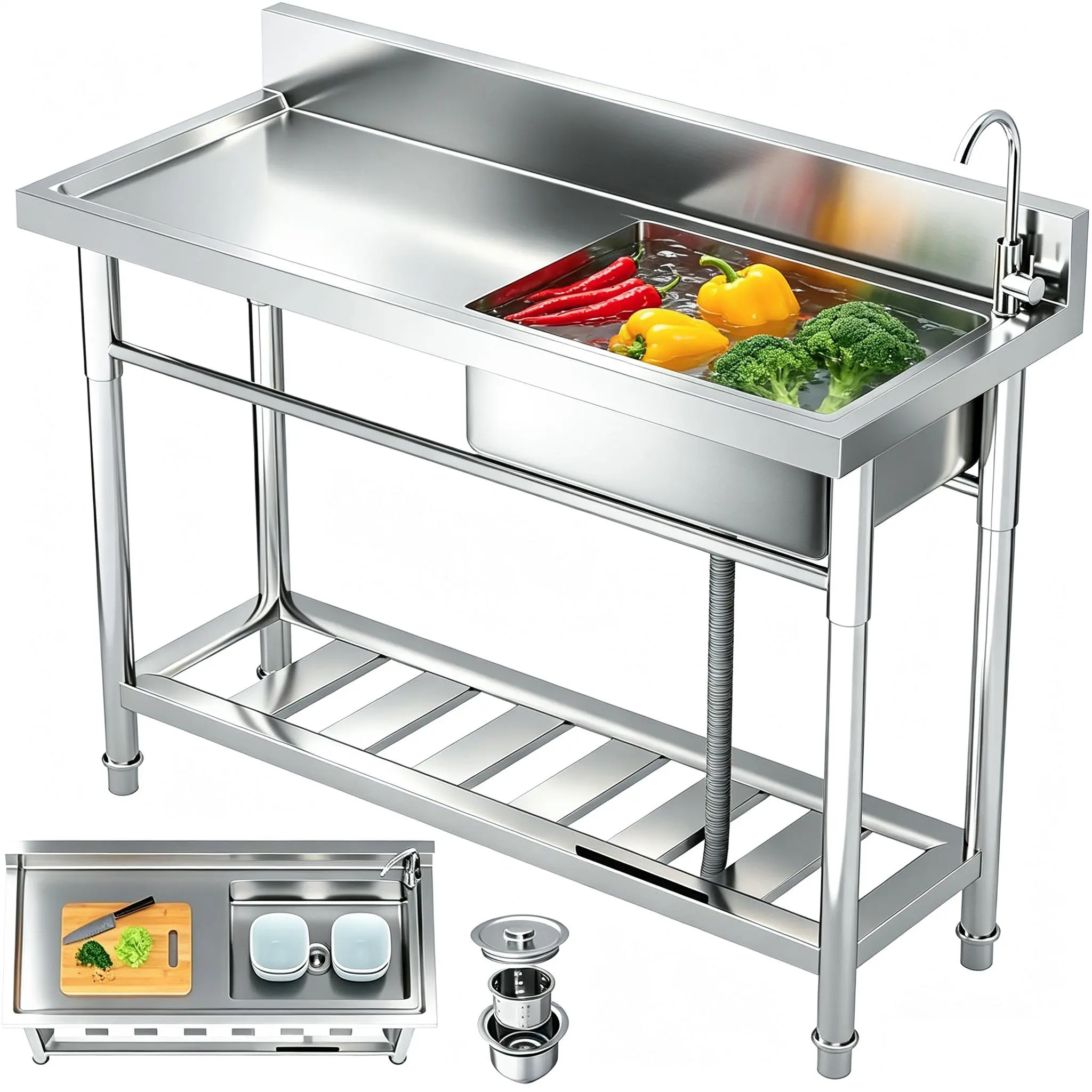 Stainless Steel Utility Sink, Commercial Kitchen Sink,Freestanding Single Bowl,Utility Sink for Laundry Room, Garage, Kitchen, Outdoor/Indoor Use, Heavy-Duty, Easy to Clean high drop faucet household dishwasher Workstation Sink
