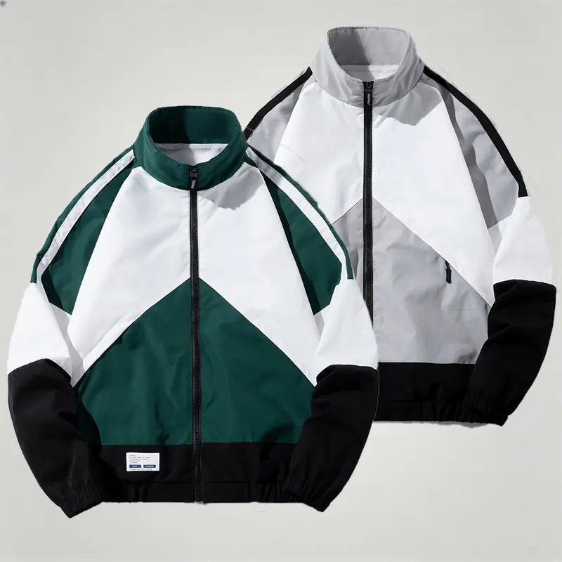 Men Retro Color Block Track Jacket Stand Collar Full Zip Windbreaker Mesh Lined Elastic Cuff Hem Vintage 90s Streetwear Casual Sports Coat