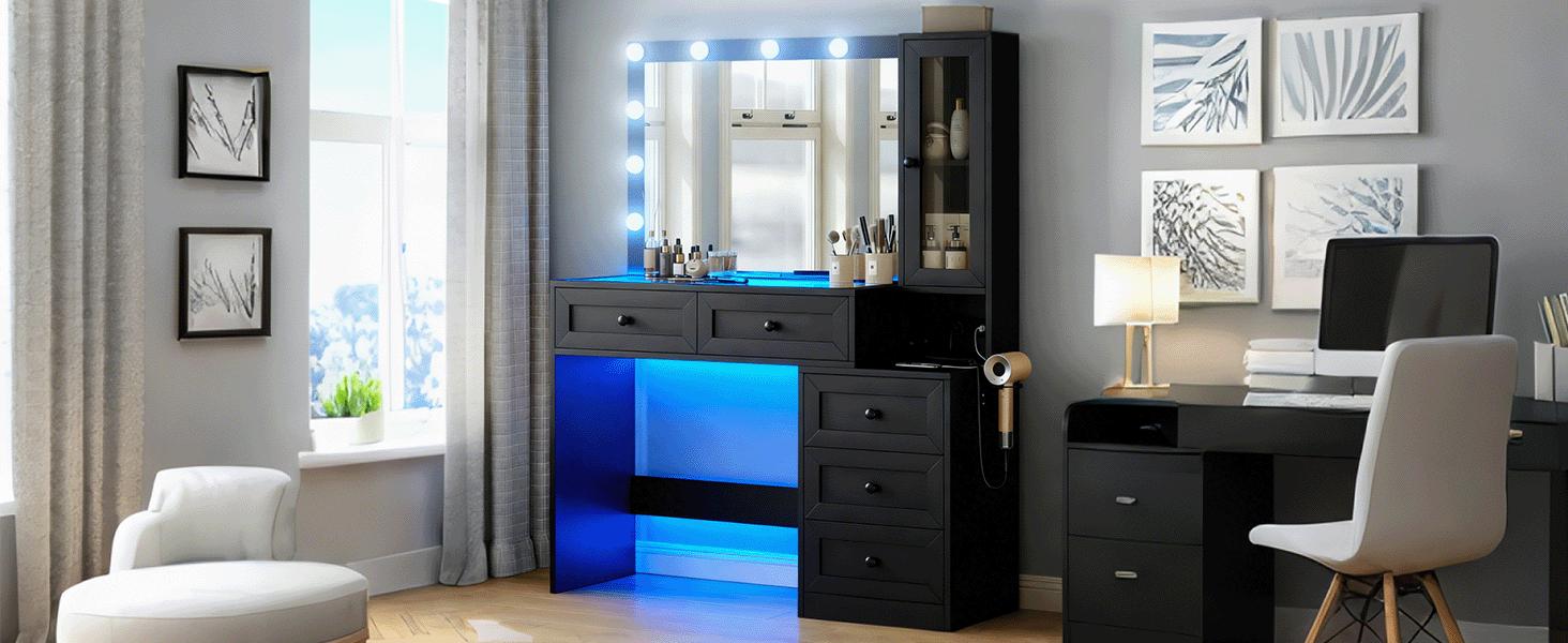 HuaYing 43" Makeup Vanity Desk with RGB LED Mirror & 11 Lights, 5 Drawers, 3 Lighting Modes, Adjustable Brightness, Built-in Charging Station & Power Outlets, Modern Dressing Table for Bedroom HuaYing 43" Makeup Vanity Desk with RGB LED Mirror & 11 Lights, 5 Drawers, 3 Lighting Modes, Adjustable Brightness, Built-in Charging Station & Power Outlets, Modern Dressing Table for Bedroom