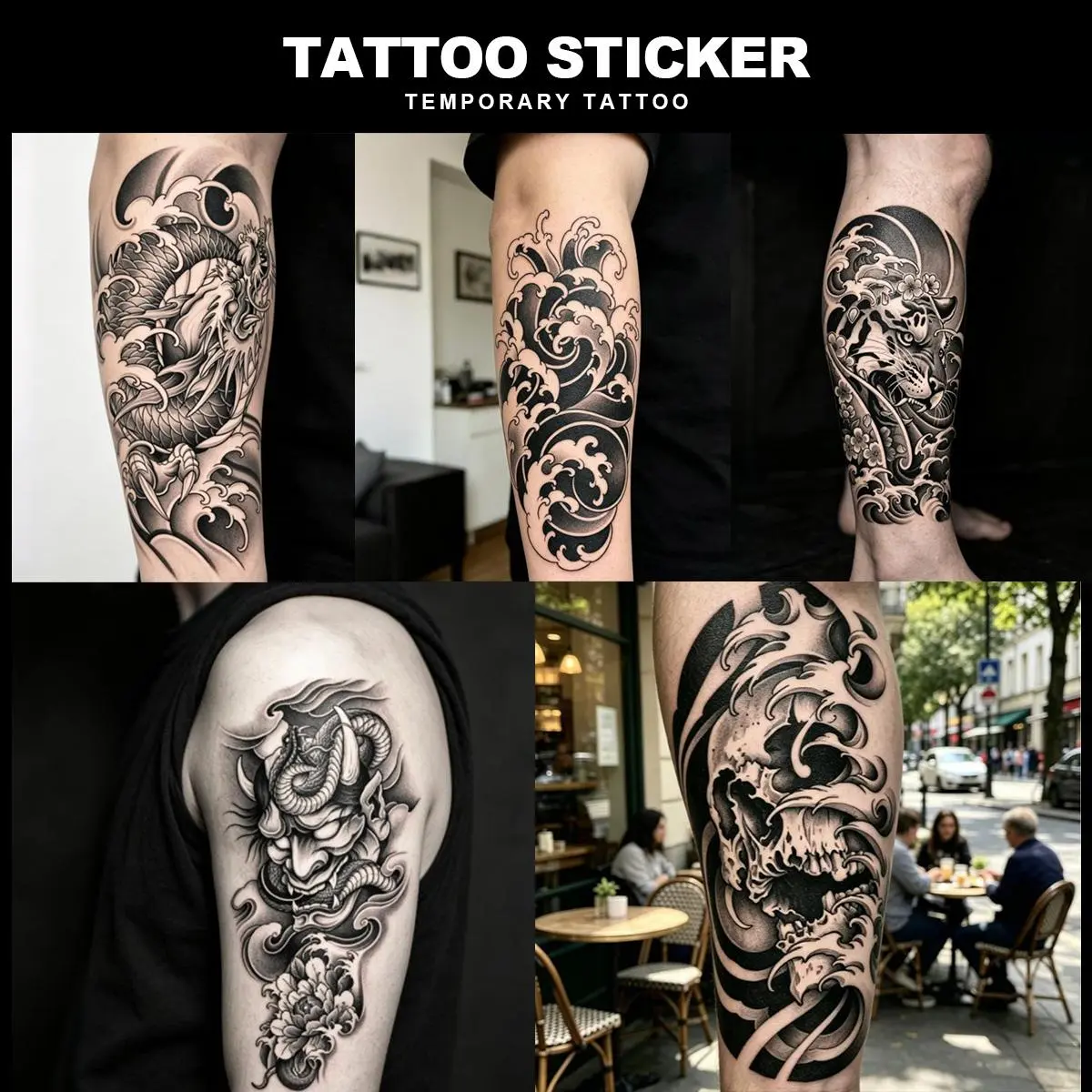 Traditional Japanese Irezumi Dragon Tiger Hannya Skull Wave Series Temporary Tattoo Stickers - 5 Sheets Semi-Permanent Waterproof Realistic Fake Tattoos, Single Item for Men, All Skin Types Ideal for Swimming, Party