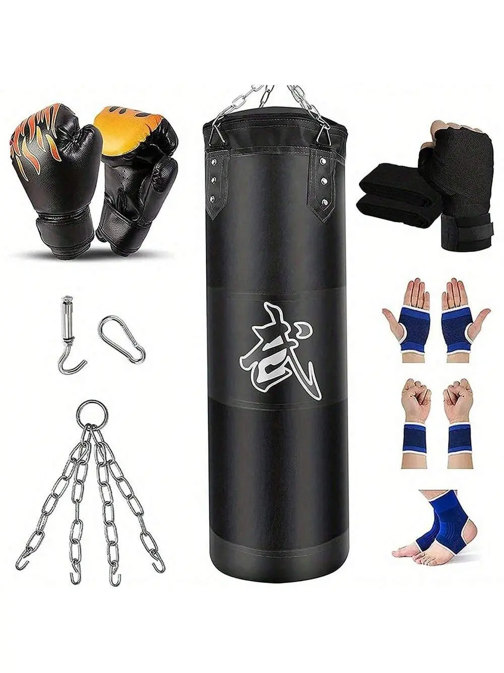 Premium Oxford Canvas Unfilled Heavy Punching Bag Set for Adults - MMA Training, Kickboxing Set, Shock Absorption, Zipper Access, Gloves, Wraps, Chain, Ceiling Mount Hook, Home Gym Equipment, 120Cm, Zip‑Fill Top