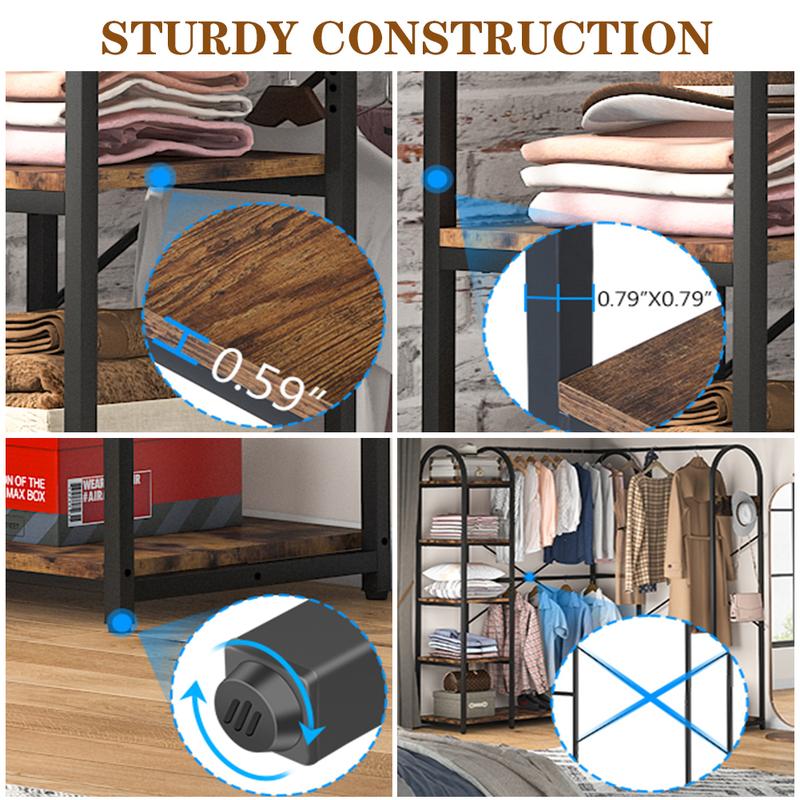 Tribesigns Freestanding Corner Clothes Rack with Hanging Rods and Storage Shelves Metal Industrial Organiser Hangable Shelf