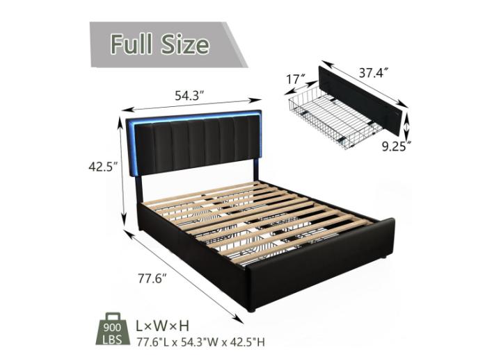 HOMBCK Bed Frame with Drawers and LED Lights, Mattress not included, Faux Leather Headboard, No Box Spring Needed, Easy Assembly