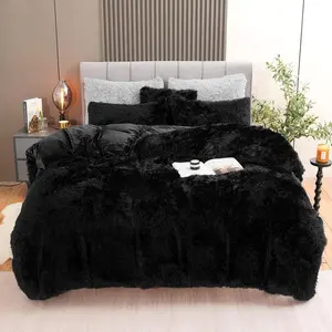 Fluffy Plush Black Duvet Cover Set, Luxury Ultra Soft  Fuzzy Comforter Cover Bed Sets 4 count(1 Faux  Duvet Cover + 2 Pillow Cases + 1 Pillow Cover) Zipper Closure (, Black)