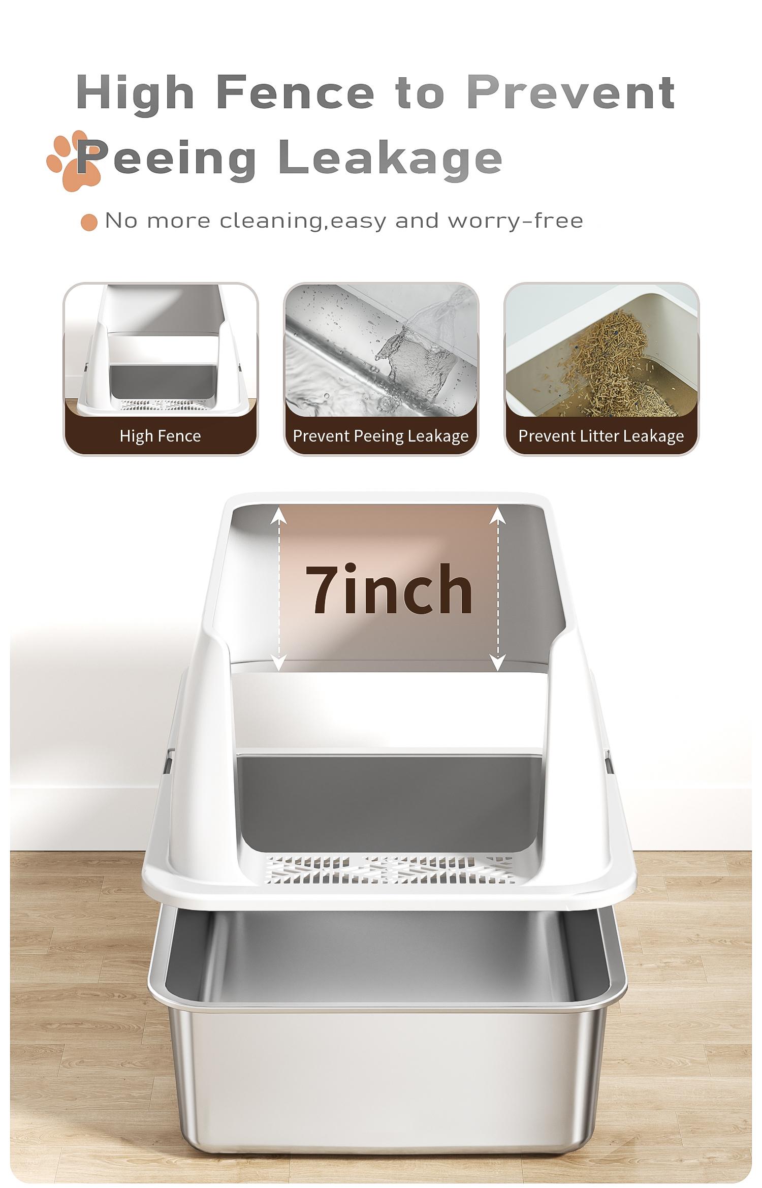 Petterm Stainless Steel Cat Litter Box with Scoop & Mat, Large Semi or Fully Enclosed Design, High-Side Enclosure, Non-Sticky, Anti-Leak, High-Walled
