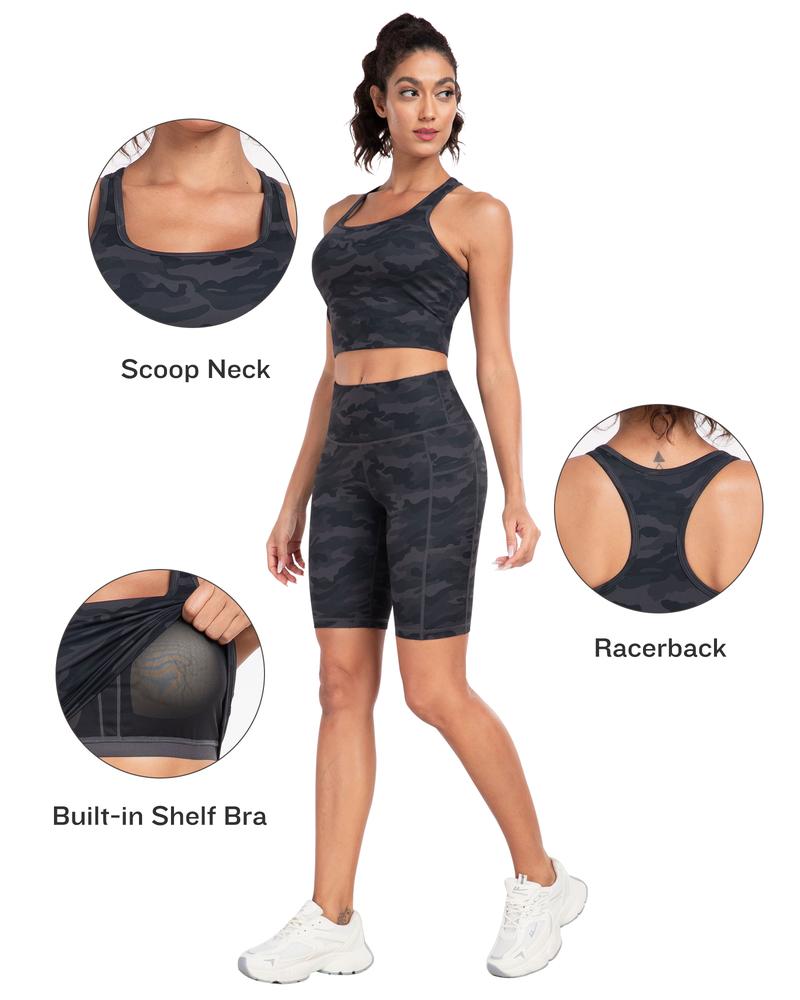 【Free 3-Day Shipping】2026 New 2-Piece Workout Set Racerback Longline Sports Bra & Mult-Pockets Biker Shorts Comfortable Breathable for Everyday Wear Fitness Running Training Sportswear Spring Autumn - Sporty Casual Seamless