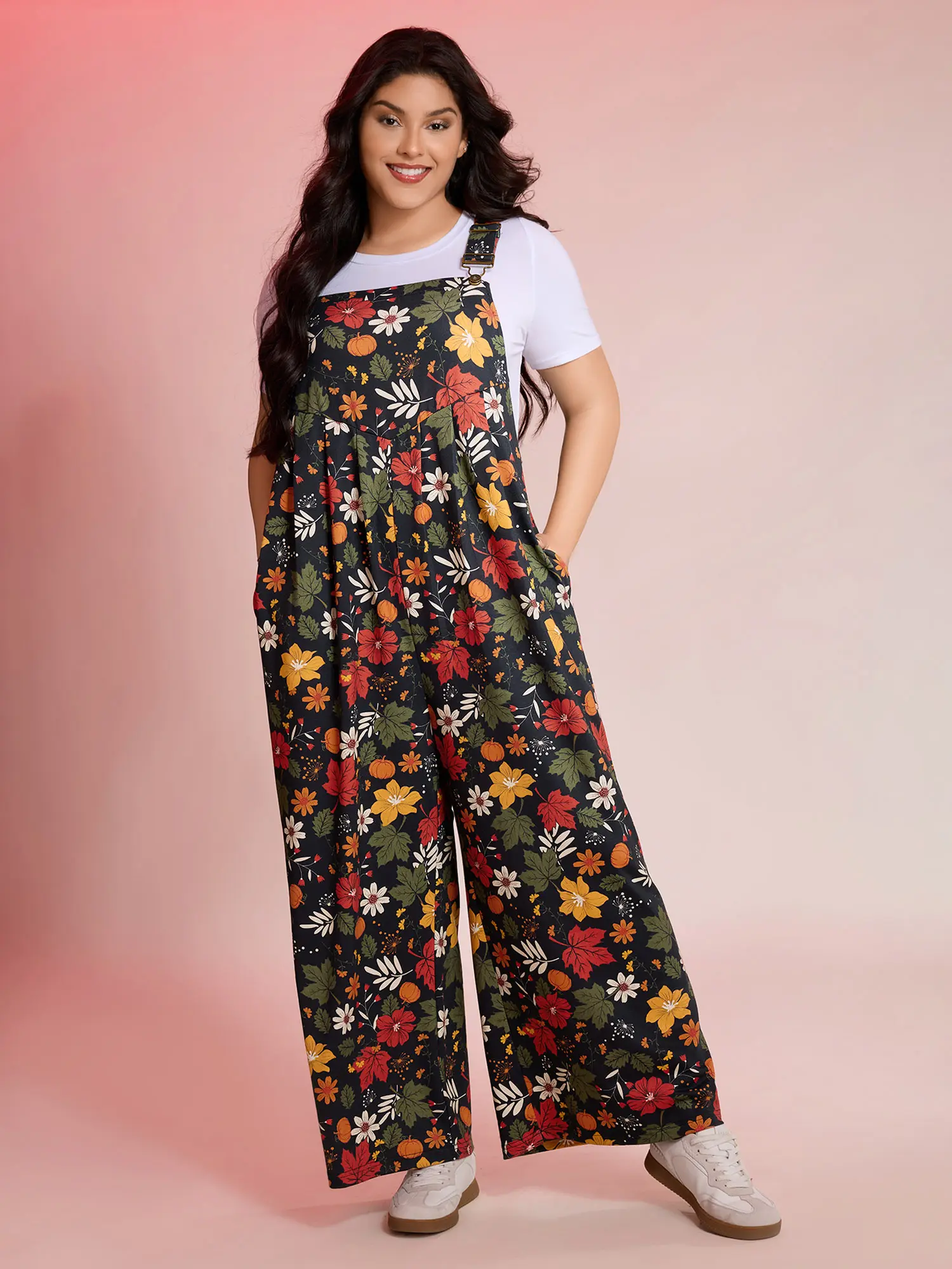 BloomChic Women's Plus Size Tropical Print Spandex Fabric Garment Sleeveless Square Neck Maxi Overalls with Pockets, Low Iron Tropical Clothing for Curvy Figures