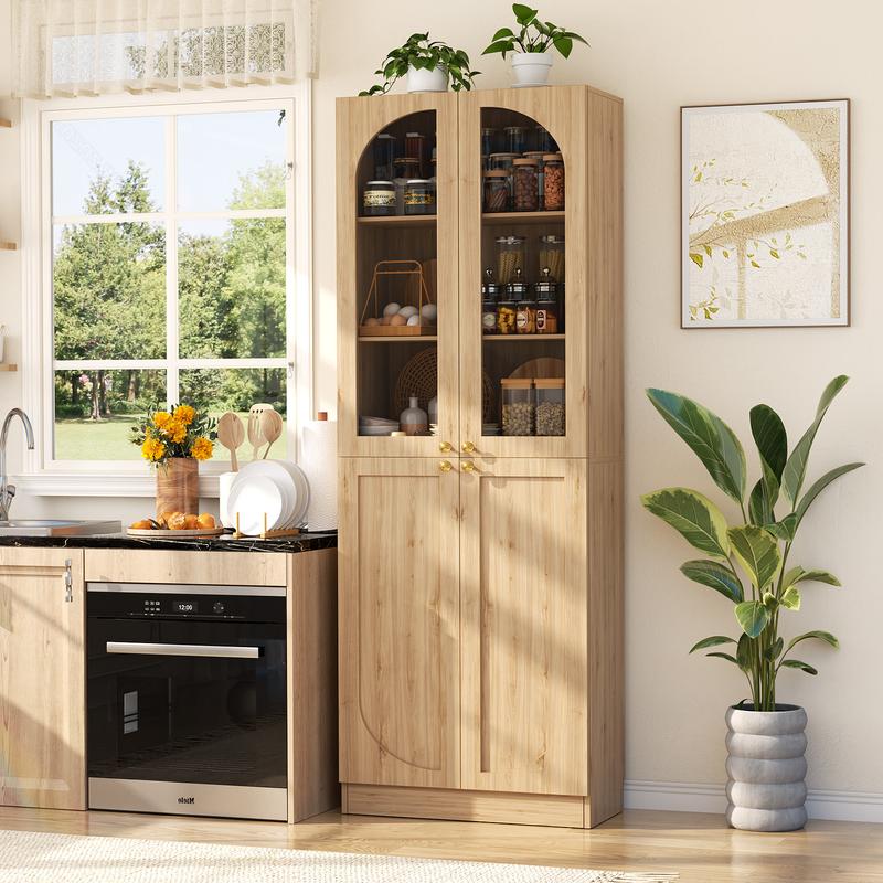 80" Tall Wood Kitchen Pantry Storage Cabinet, Freestanding 6-Tiers Buffet Cabinets with 4 Doors & Adjustable Shelves for Dining Room, Living Room