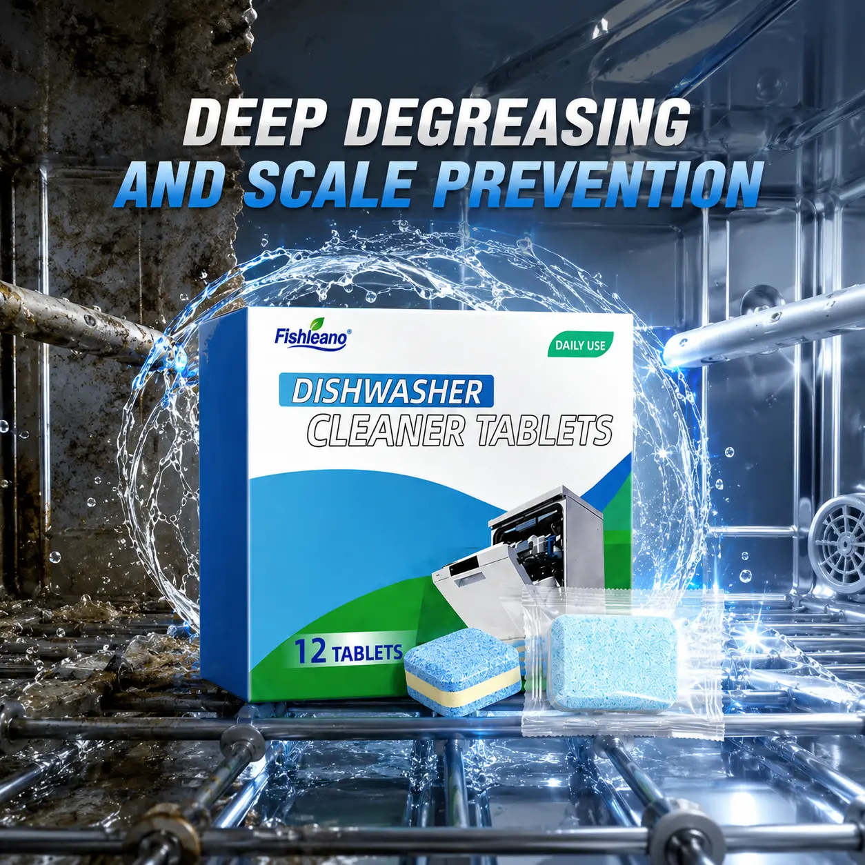 Household Dishwasher Cleaner Tablets - 12 Pack High-Performance Deep Cleaning Descaler Pods, Septic-Safe Eliminator for Limescale, Hard Water, Calcium, Odors, 12-Month Supply, Box
