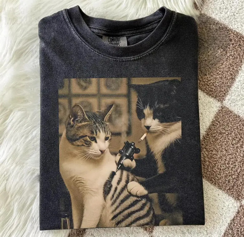 Comfort Colors Retro Cat Tattoo Meme, Funny Parody Viral Tees, Funny Gift TShirt, Meme Tee, Dark Humor TShirt