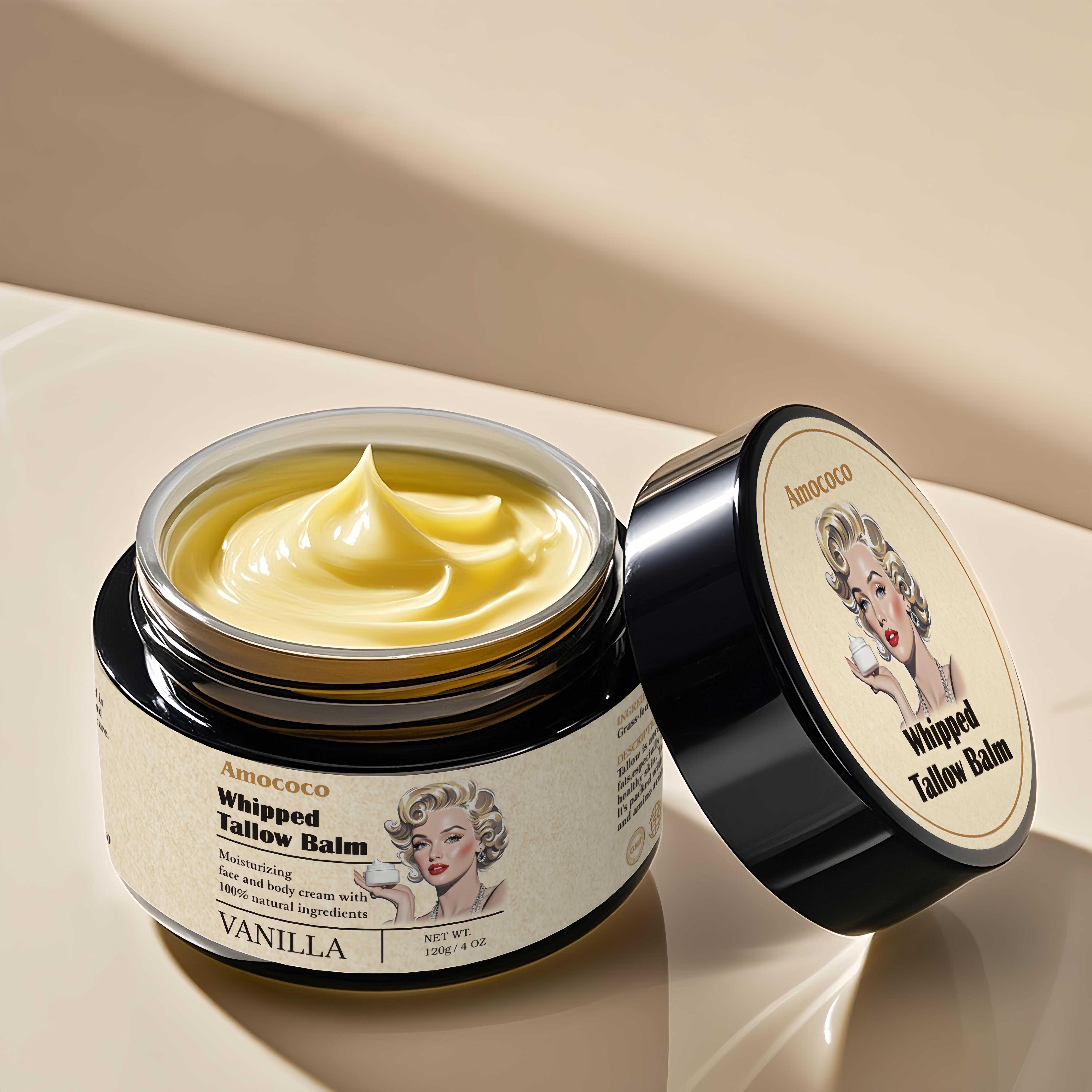 Tallow Cream 100% Natural Moisturizing Face and Body Cream That Soothes, Nourishes, Firms and Hydrates The Skin With Lavender and Vanilla Scents in Vintage Packaging.