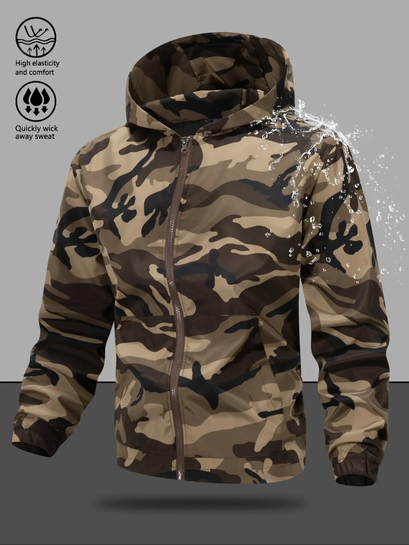 Men's Waterproof Hooded Camo Jacket Coats Menswear, Casual Fashion Windproof and Waterproof Zipper Outerwear, Long Sleeve Fitted Design with Pockets Camouflage