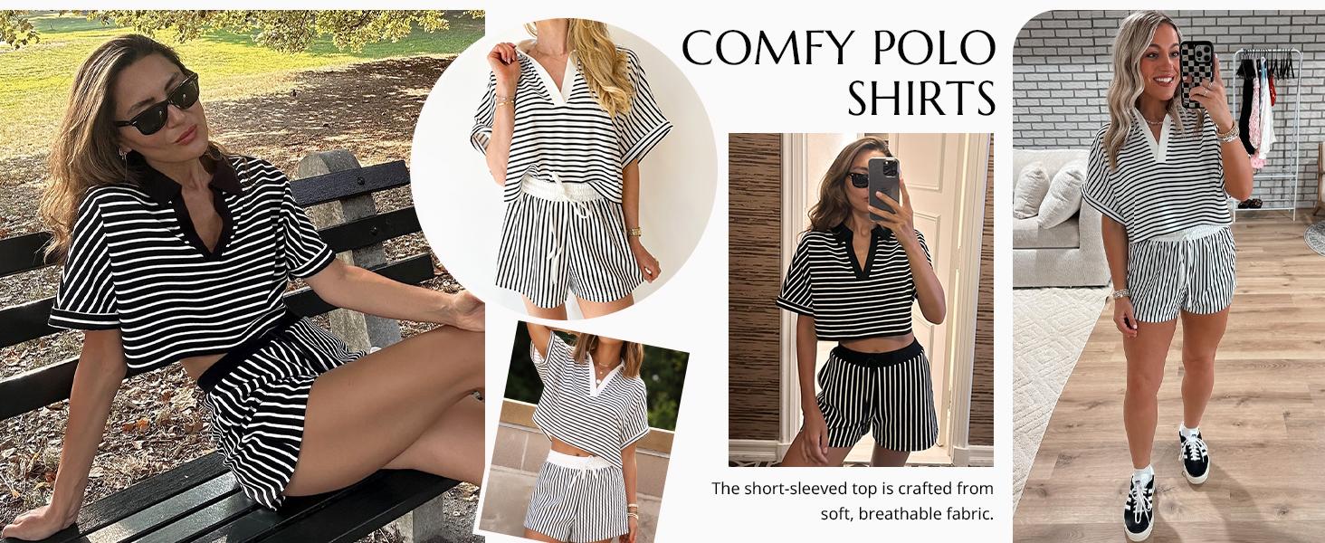 Cicy Bell Womens Striped 2 Piece Short Sets Summer Short Sleeve Collared V Neck Cropped Tops Vacation Casual Lounge Outfits