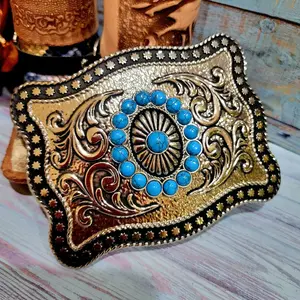 Western cowgirl belt buckle 4x3.5 inches silver with blue faux turquoise stone
