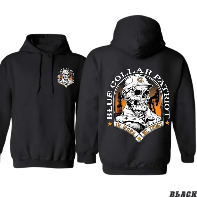 Patriotic Blue Collar Hoodie for Men – Skull Hard Hat Worker Design, Tough Workwear Sweatshirt for Oilfield, Construction & Mechanics, Bold Unisex Outdoor Apparel