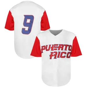 Men's baseball jersey, Puerto Rico T-shirt (V-neck, buttoned, short-sleeved, white and red stripes, polyester fabric) - sporty casual style sweater. Breathable fabric. Suitable for daily wear. Actual size.
