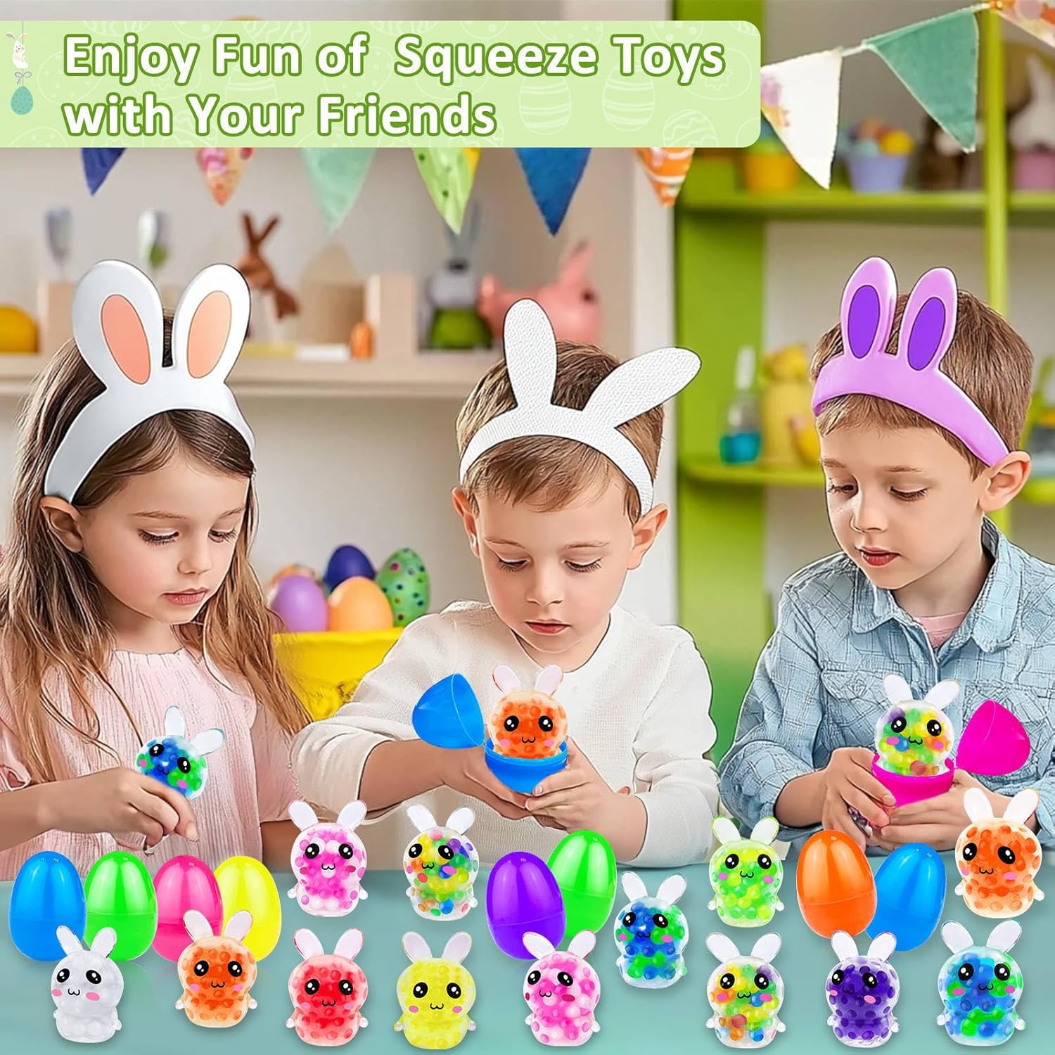 24 Pack Prefilled Easter Eggs with Squeeze Toys – Colorful Easter Egg Stress Balls, Variety Fun Egg Fillers for Easter Basket Stuffers, Classroom Party Favors & Kids Easter Gifts