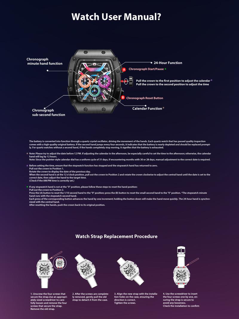 SOLLEN 728 Men's Rainbow Luxury Cool Watch Multi-functional Chronograph Waterproof Night Light Function Valentine's Day Gift