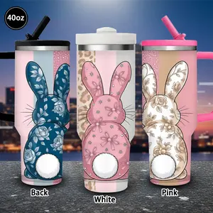 1 pc 40 oz floral bunny plush tumbler with lid and straw, winter insulated travel mug, gift for women and men, ideal for Valentine’s Day, Easter, birthday gifts, iced/hot coffee cup