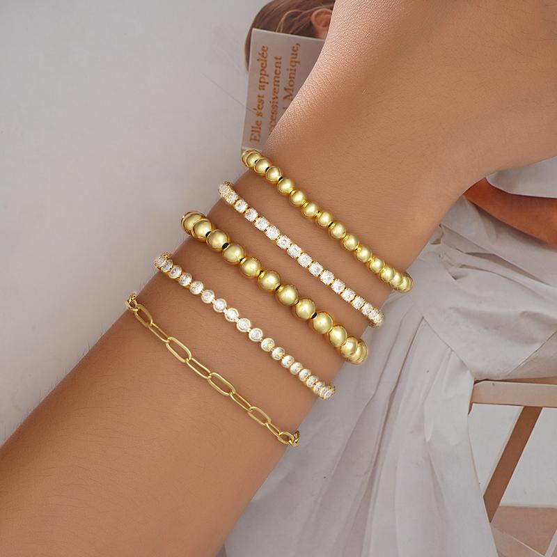 17KM 5PCS 16K Gold Plated Women's Bracelet Set with Sparkling Zircons Trendy Stackable Beaded & Chain Bracelets Non-Tarnish Jewelry for Gifts