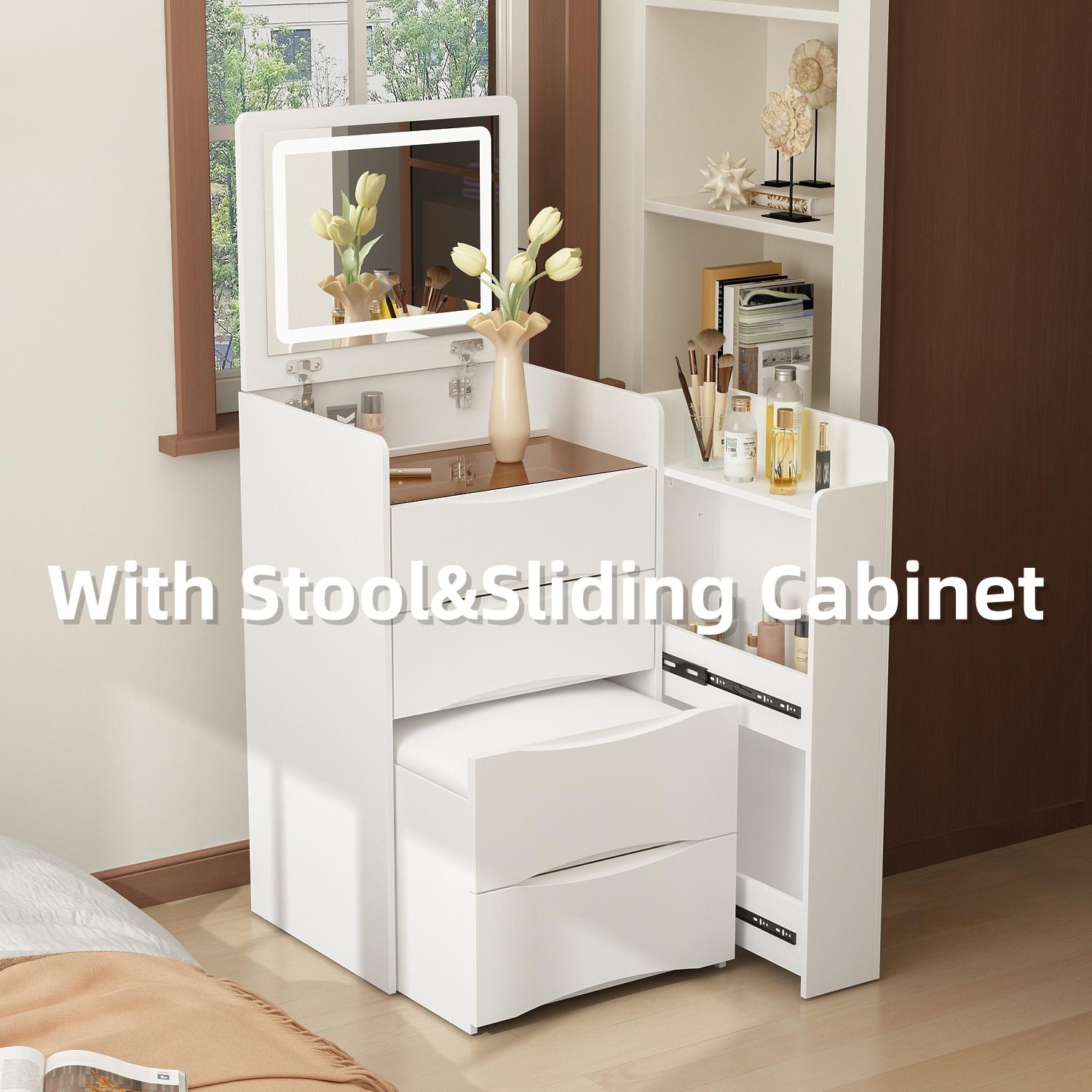 FUFU&GAGA Makeup Vanity Desk with Lighted Flip-Up Mirror, 18.3”W Dressing Table with 3 Drawers, Shelves & Cushioned Stool