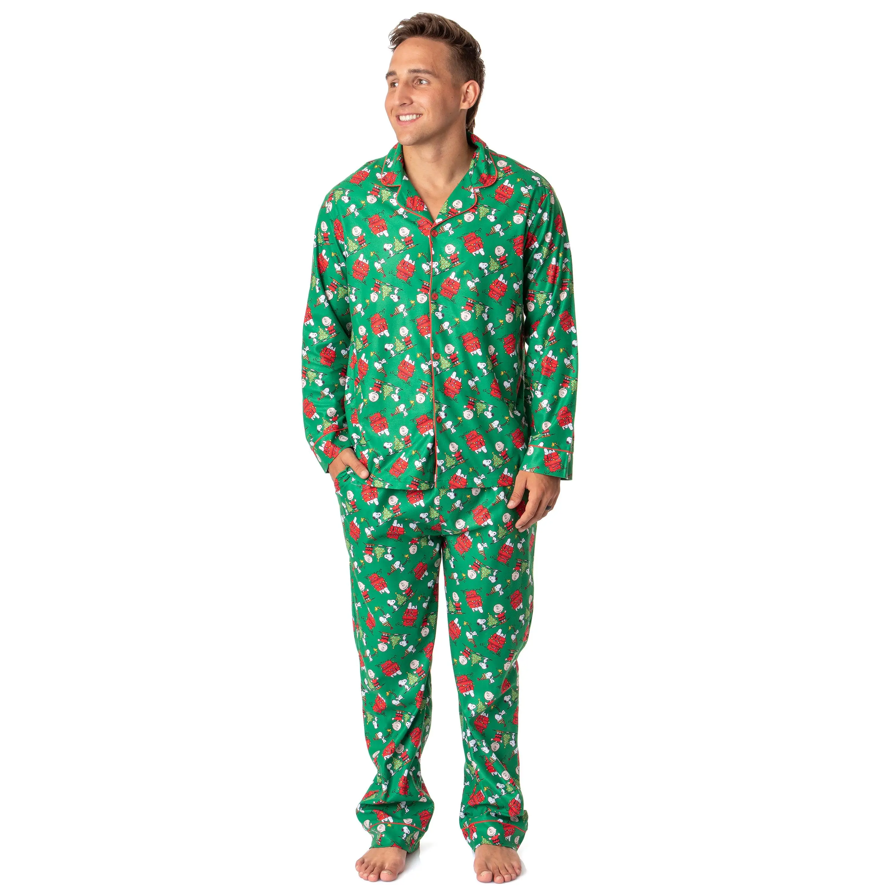 Peanuts Mens' Christmas Snoopy Charlie Brown Button Down Sleep Pajama Set