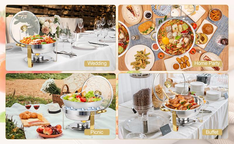 【Christmas Deal】GARVEE 2-Pack 5QT Stainless Steel Round Chafing Dish Buffet Set with Lid Holder & Glass Lid, Buffet Servers and Warmers for Parties, Weddings, Camping, Available in Gold and Silver