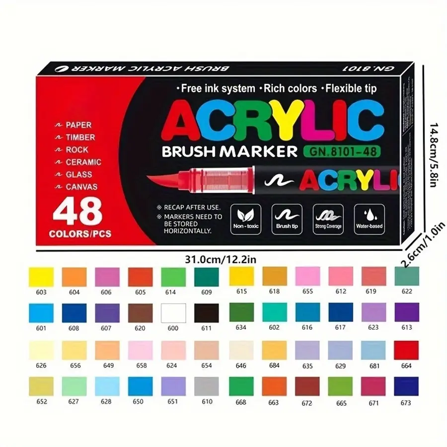 Guangna 8101 Acrylic Markers Set, Brush Tip Marker, 48 Colors Soft Tip Non-Bleeding Layerable, Artistic Hand Drawing Pens, Creative DIY Supplies