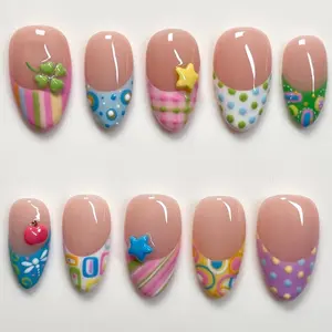 Handmade Funky Pastel Press On Nails, Stars, Clover, Polka Dots & Retro Patterns, Short Round Nails For Cute Y2K Vibes