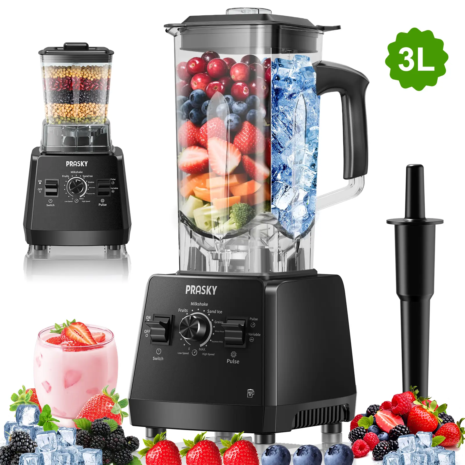 PRASKY 2400W Power Kitchen Blender & Countertop Food Processor Combo - 1000W Mode, 3L/102oz BPA-Free Food Grade Square Pitcher, 25000RPM, Tamper, 2 Containers, Thermal Cut-Off Protection, Adjustable Speed, for Family Use, Ice Crushing, Nut Butters, Blende
